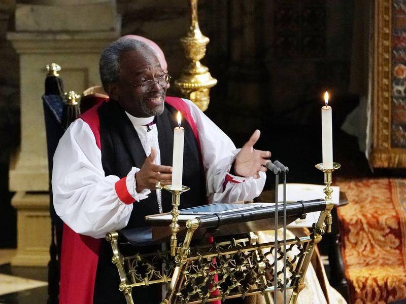 Reverend Michael Bruce Curry delivers the sermon at Prince Harry and Meghan Markle's wedding.   