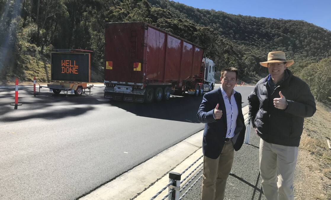CLOSE TO COMPLETION: Member for Calare Andrew Gee (right) and Member for Bathurst Paul Toole at the Forty Bends roadworks, which are being finalised. Photo: CONTRIBUTED