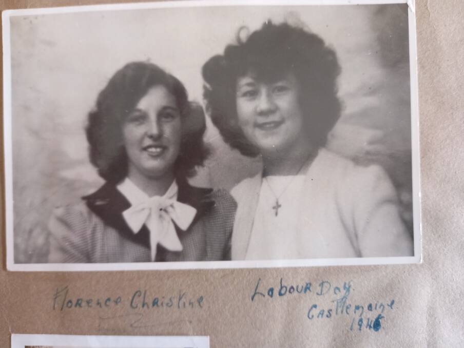 Christine and her friend Florrie Boak, on a trip to Castlemaine in 1946 with their Uncle Len for a Labour Day meeting.