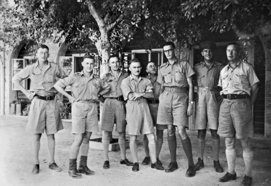 War service: May 1941 - Palestine, Nazareth - Officers of 2/1st Casualty Clearing Station (2/1st CCS). L-R: Padre Burnett, SX4845 Captain F.J. Fenner, Captain Macintosh, Major Bowie Somerset, Padre Pearse, SX2816 Captain J. M. (Mark) Bonnin, Major O. Smith, and the new Commanding Officer (CO) of the unit Lieutenant-Colonel H. McLorinan. Submitted by Julianne T Ryan, courtesy of AWM. 05/01/2017.