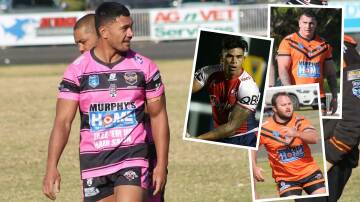 Nyngan Tigers captain-coach James Tuitahi and key players (inset, clockwise from top) Corey Cox, Jacob Neill and Vincent Leuluai.