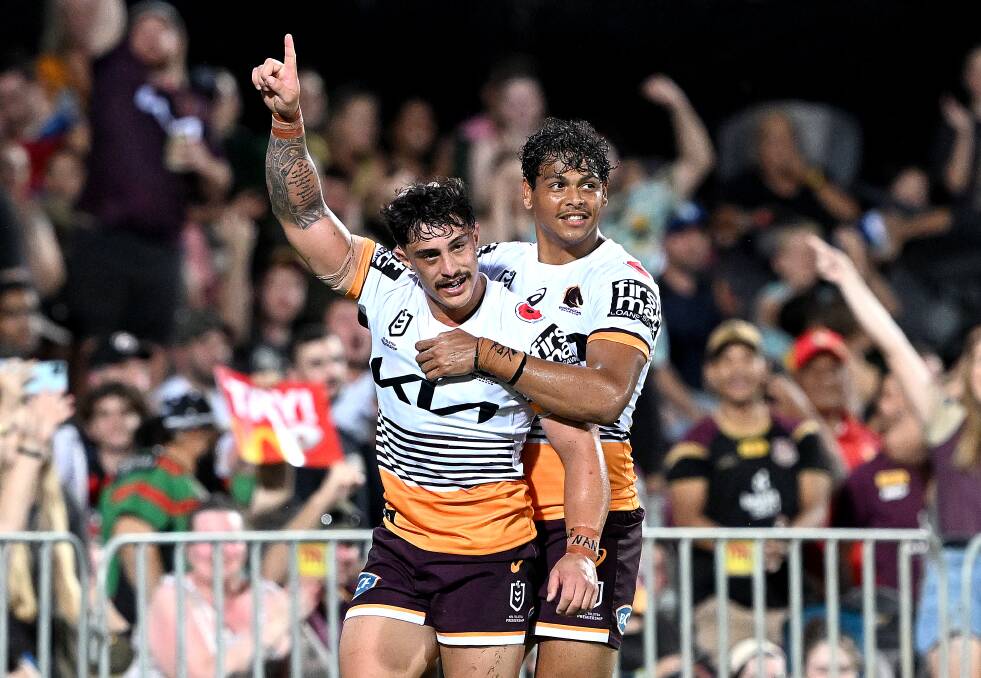 Wellington star Kotoni Staggs celebrates a try during the Broncos' 2023 season. Picture by Bradley Kanaris/Getty Images