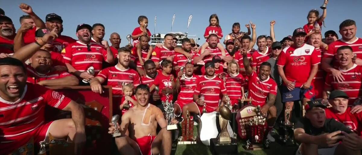 Walgett Aboriginal Connection celebrates after winning the 2023 Koori Knockout. Picture via SBS coverage