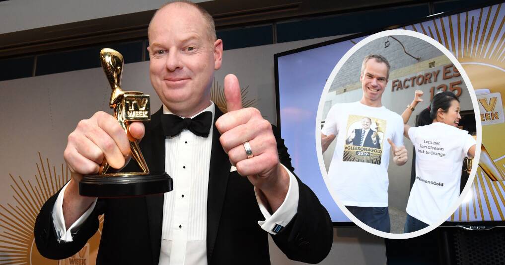 COMEDY GOLD: Tom Gleeson has taken home a gold logie with supporters Nick and Ruby Gleeson celebration his success. Photo: Main: ACP Insert: JUDE KEOGH
