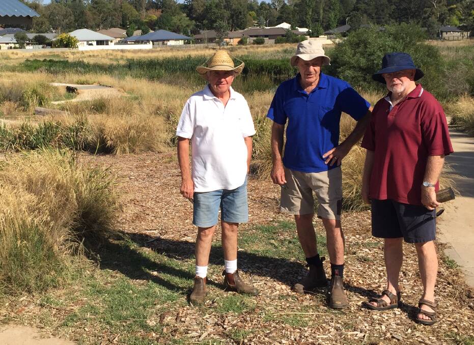 WETLAND WALK: Ploughmans Wetlands Care Group members Bruce Barber, President Dennis Croucher and Malcolm Stacey ahead of Sunday's event. Photo: JUDE KEOGH