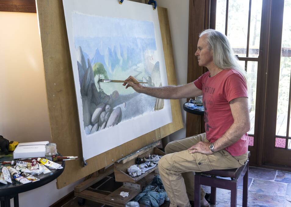 ARTIST TALK: Matt Ottley in his studio working on one of the paintings for his book The Tree Of Ecstasy and Unbearable Silence. Photo": SUPPLIED