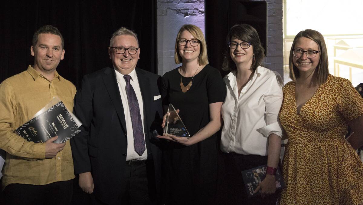 AWARD WINNERS: Brad Hammond, gallery director, Don Harwin, Minister for the Arts, Allison Campbell, museum manager, Penny Hardy, director, design community, Sally MacLennan, public engagement officer. Photo: SUPPLIED