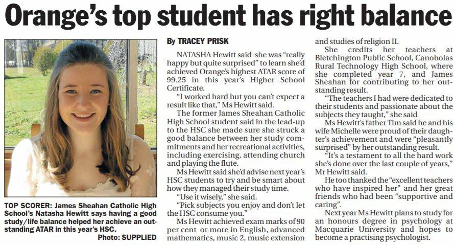 THROWBACK: Natasha Hewitt graduated at the top of her class from James Sheahan Catholic High School in 2014. 