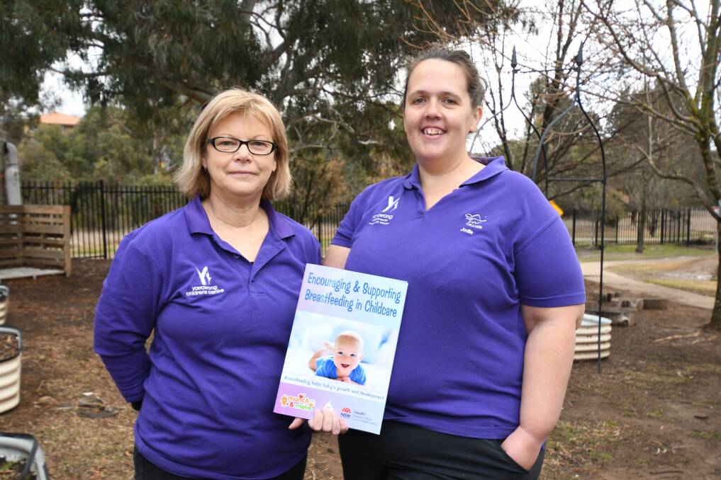 HEALTHY BUBS: Yarrawong Children's Centre Heather Brady and Jodie Stewart support mums. Photo: JUDE KEOGH 0708jkbreast1