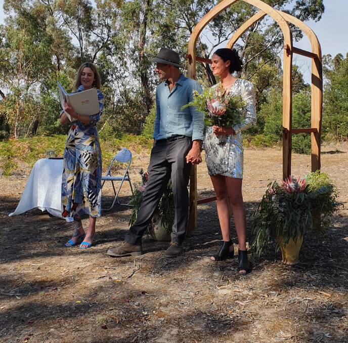 FAMILY LOVE: Alex Crowe, Matthew Wight and Eliza Crowe during the ceremony in the Grampians National Park. Photo: SUPPLIED
