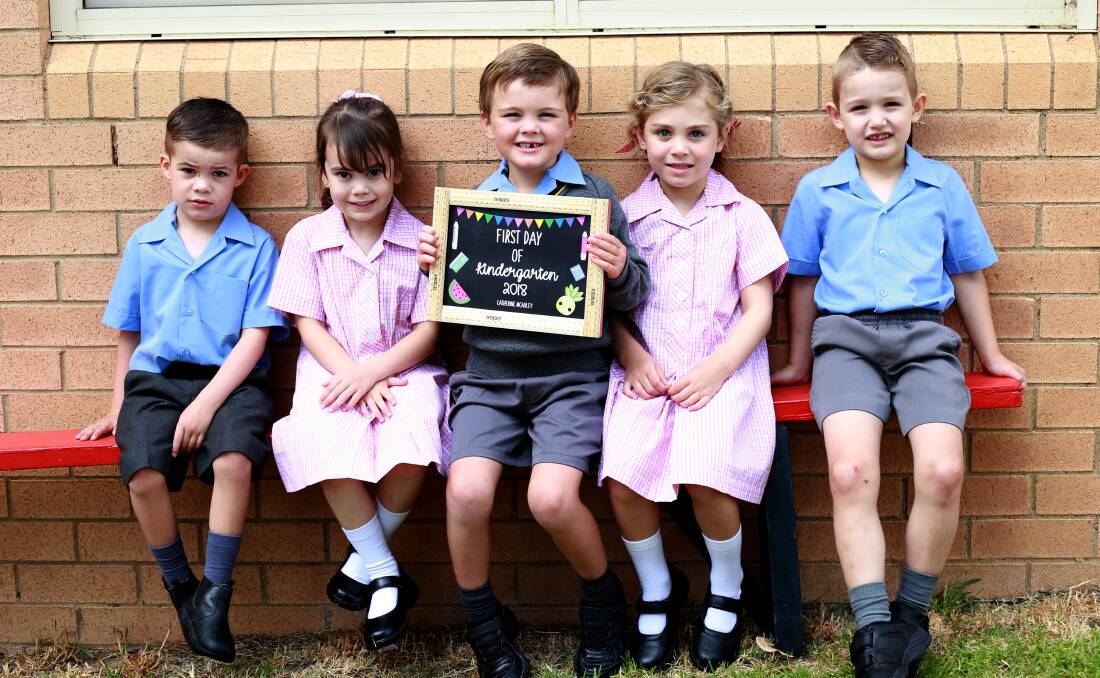 WEEK ONE: Jake Quarmby, Layla Williams, Will Hepworth, Matilda Johnson and Finn Rogers on their first day of kindergarten. Photo: NELL WILLIAMS