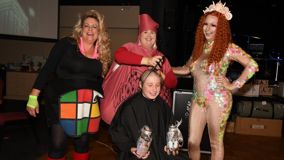 LOVE FOR LILLY: Delene Wilson, Lily Laws and Betty Confetti shaved Nick Johnson's hair at a fundraiser event in 2019. Photo: JUDE KEOGH 0720jklilly10