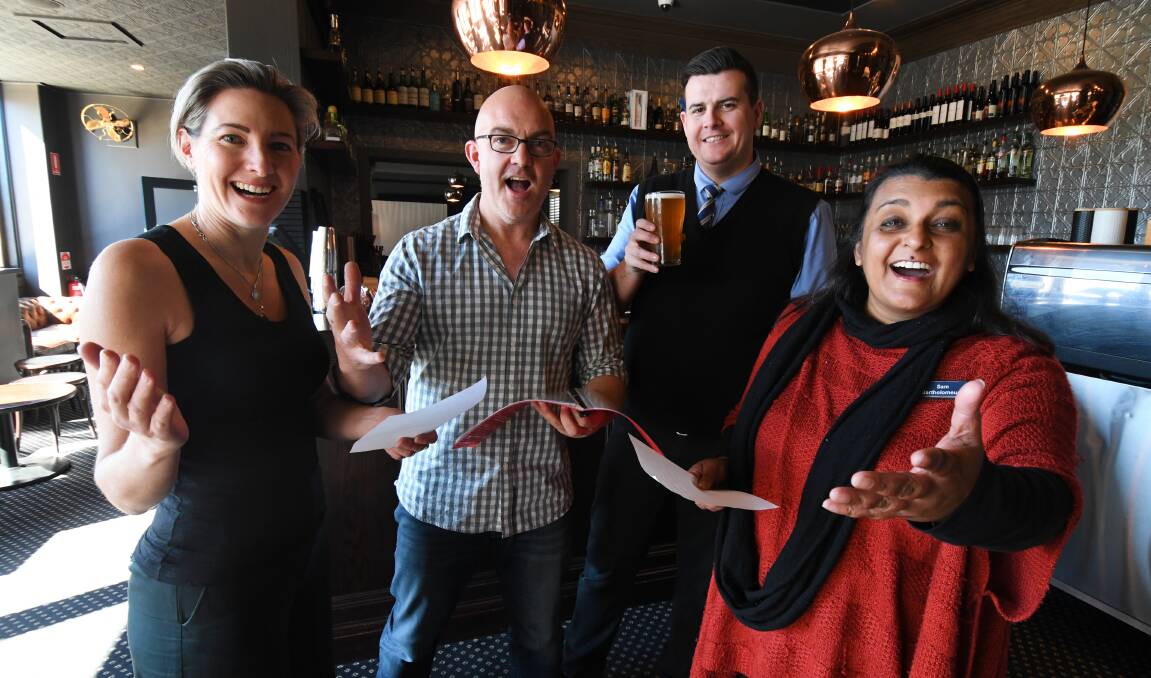BEERS AND CHEERS: Holly and Kyle Manning, Jared Dillon and Samantha Bartholomeusz warm up their voices . Photo: JUDE KEOGH