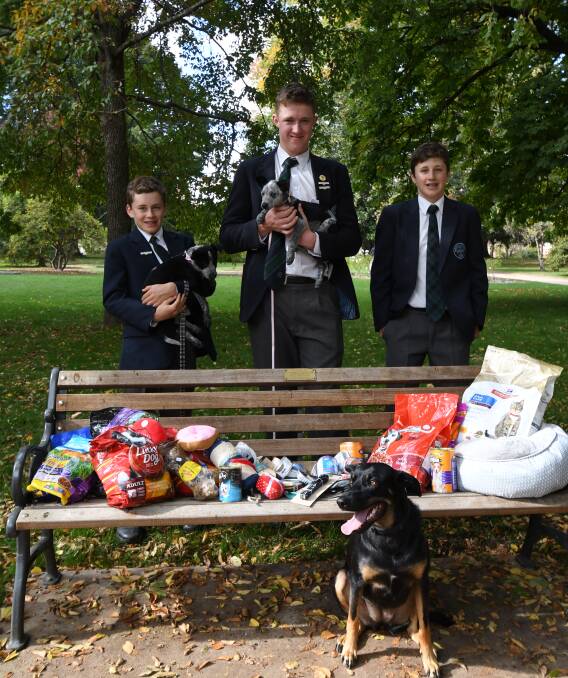 PET NECESSITIES: Hugh Thompson and Willow, Bradman Gavin and Stella and James Thompson and Disney Dog with some of the donated goods. Photo: CARLA FREEDMAN