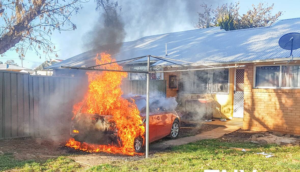 ANOTHER ONE: A 2016 Toyota Corolla sedan was found alight in a backyard on Sir Neville Howse Place on Wednesday. Photo: SUPPLIED