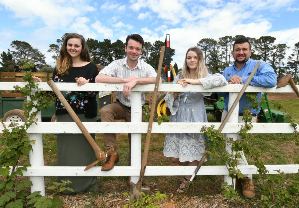 TALENTED TRIO: Haylee Gallagher, Liam Dunne and Jessica Koruniak with Huntley Berry Farm's Gianni Belmonte. Photo: JUDE KEOGH 1125cfhuntley