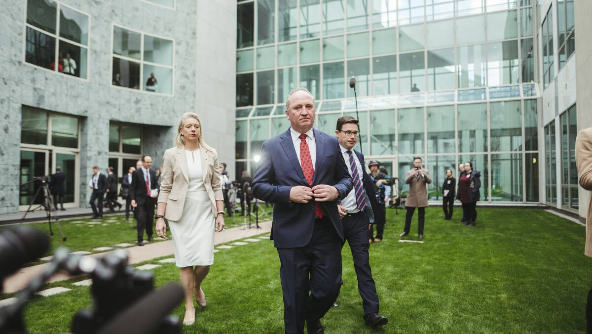 Barnaby Joyce is flanked by Bridget McKenzie and David Littleproud following his return to the leadership of the Nationals last week. Picture: Dion Georgopoulos