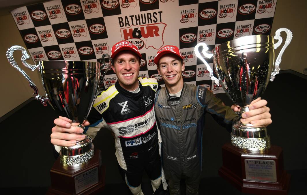 WINNERS ARE GRINNERS: Cameron Hill and Thomas Sargent won the Bathurst 6 Hour on Sunday in their BMW. Photo: CHRIS SEABROOK 