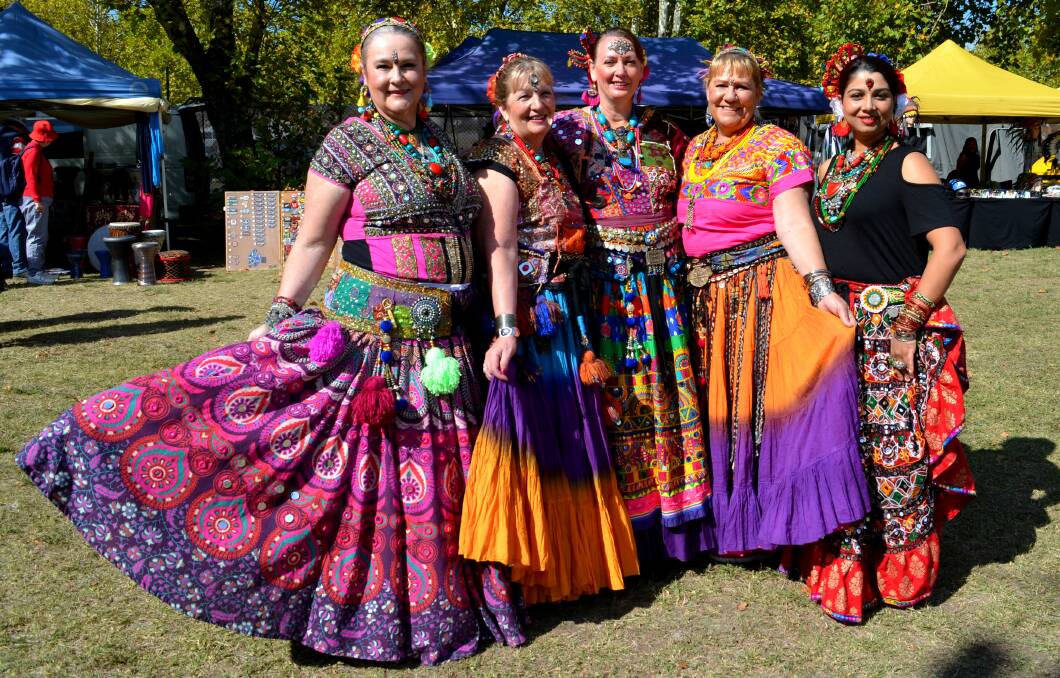 DAZZLING: Elizabeth Graham, Karen Carney, Nicole Kennedy, Sharon Brown and Amrita Dhital from Orange Tribal Fusion Bellydance stood out at Ironfest in Lithgow. Photo: MARK RAYNER