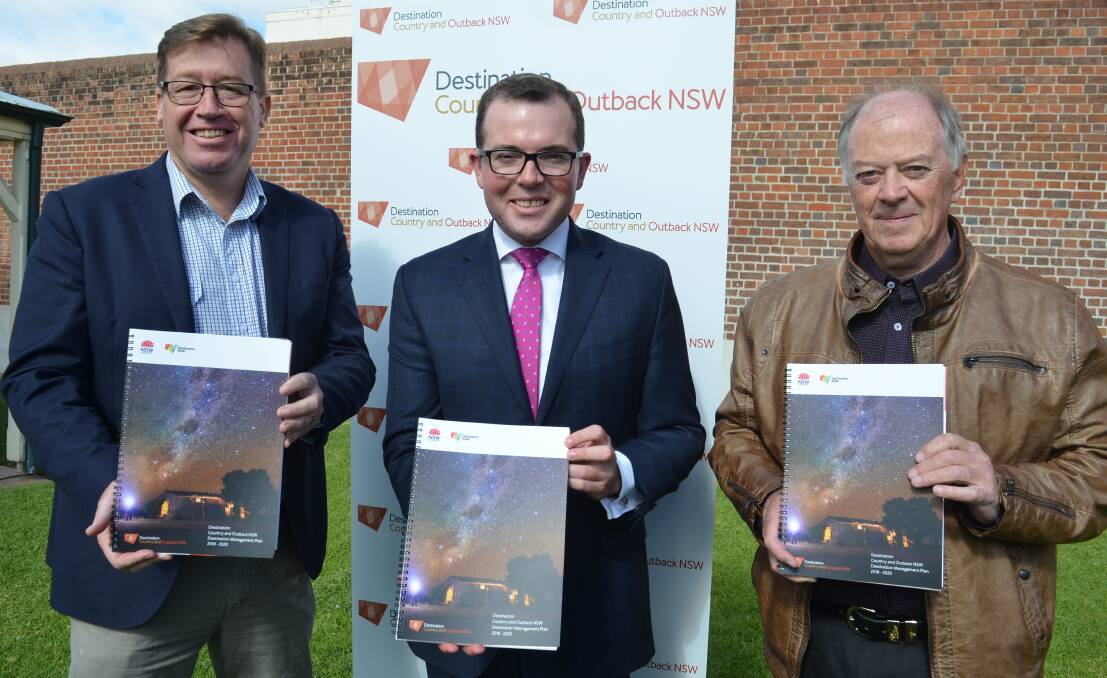 Dubbo MP Troy Grant, NSW Tourism Minister Adam Marshall and Destination Country and Outback NSW chairman Stephen Bartlett at the launch of the region's Destination Management Plan.