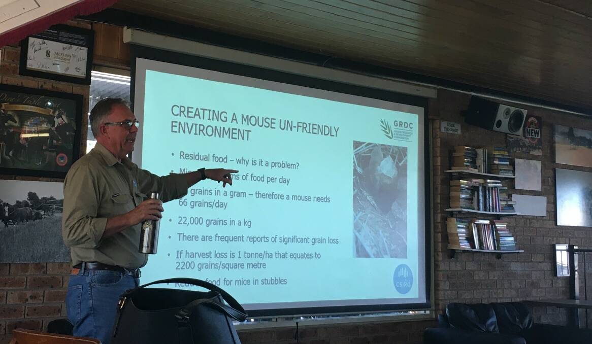 Need for vigilance: CSIRO researcher Steve Henry offers advice to farmers to help them control mouse numbers at a recent workshop in the Orana region. Photo contributed.
