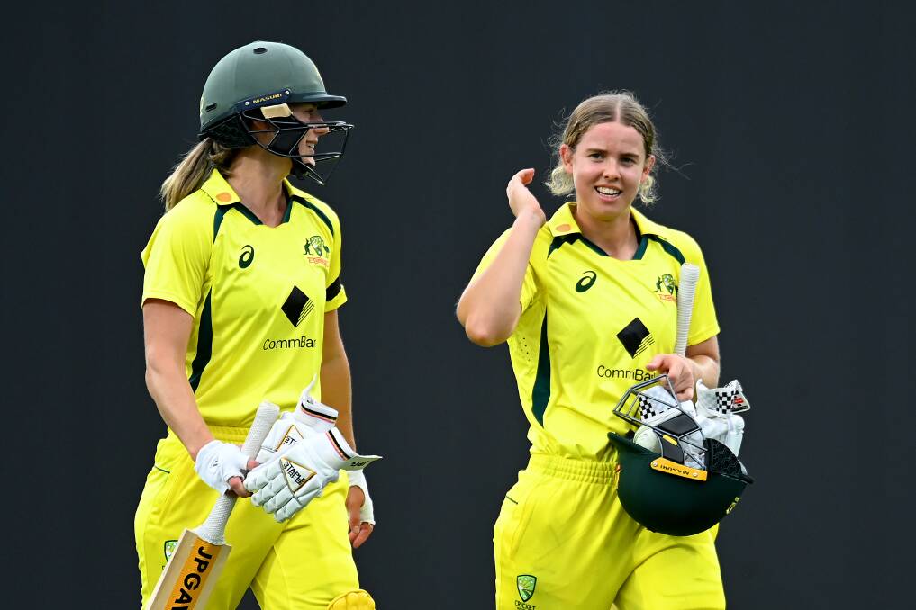 Ellyse Perry and Phoebe Litchfield after Australia's win. Picture by Albert Perez - CA/Cricket Australia via Getty Images