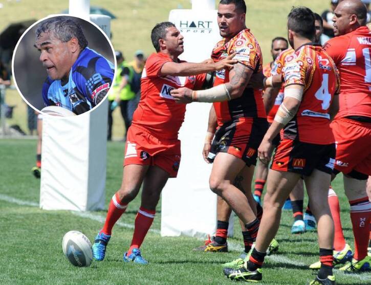 Steve Lane comes together with Sharks' prop Andrew Fifita at Dubbo in 2016 for Walgett Aboriginal Connection (WAC) in the NSW Aboriginal Rugby League Knockout. Bubba Kennedy (insert, top left). 