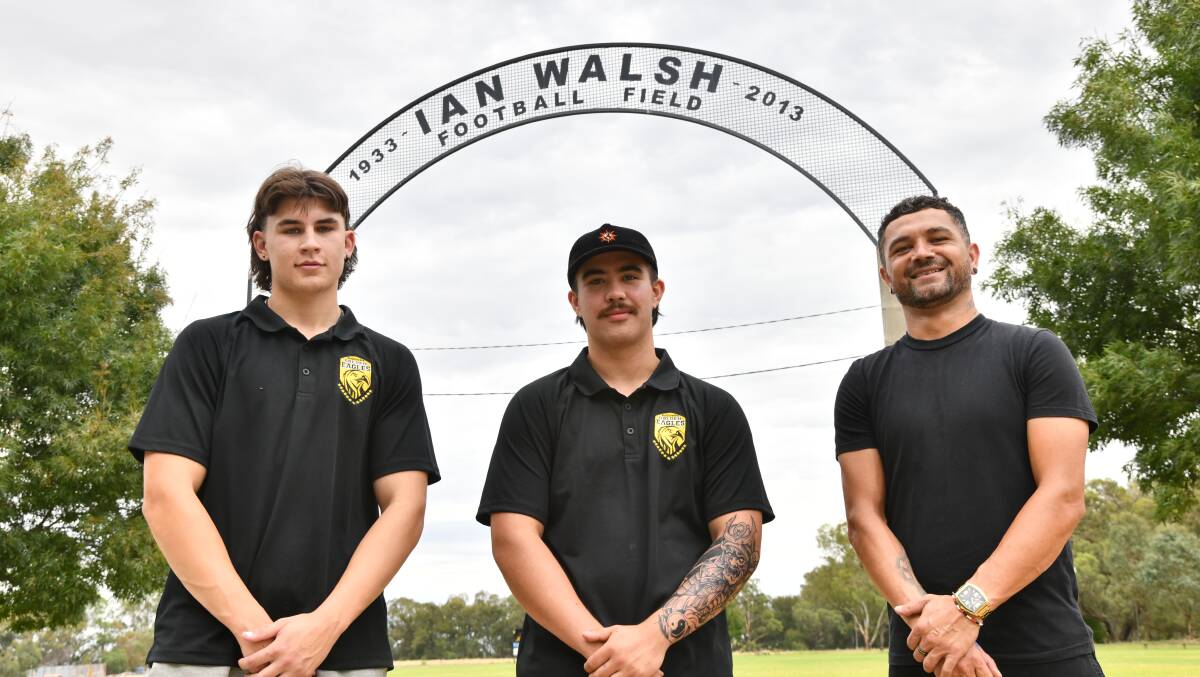 Eugowra player Noah Girot-Serplet, Youth League coach John Dietrich and first grade coach Ricky Whitton at Ian Walsh Football Field. Picture by Carla Freedman 