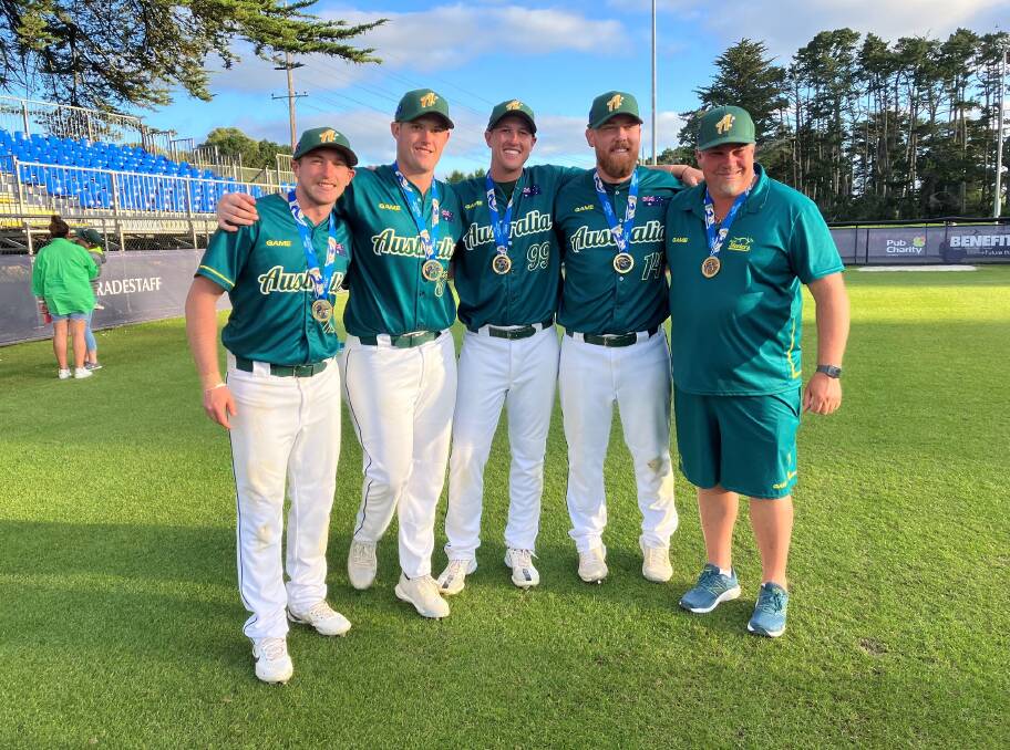 Jack Besgrove (second from left) with his Australian team-mates after clinching the gold medal. Picture from Softball NSW