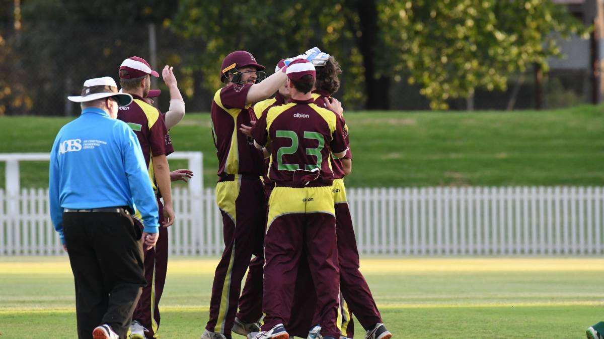 Cavs celebrate a wicket against Orange City in the Royal Hotel Cup. Photo: JUDE KEOGH
