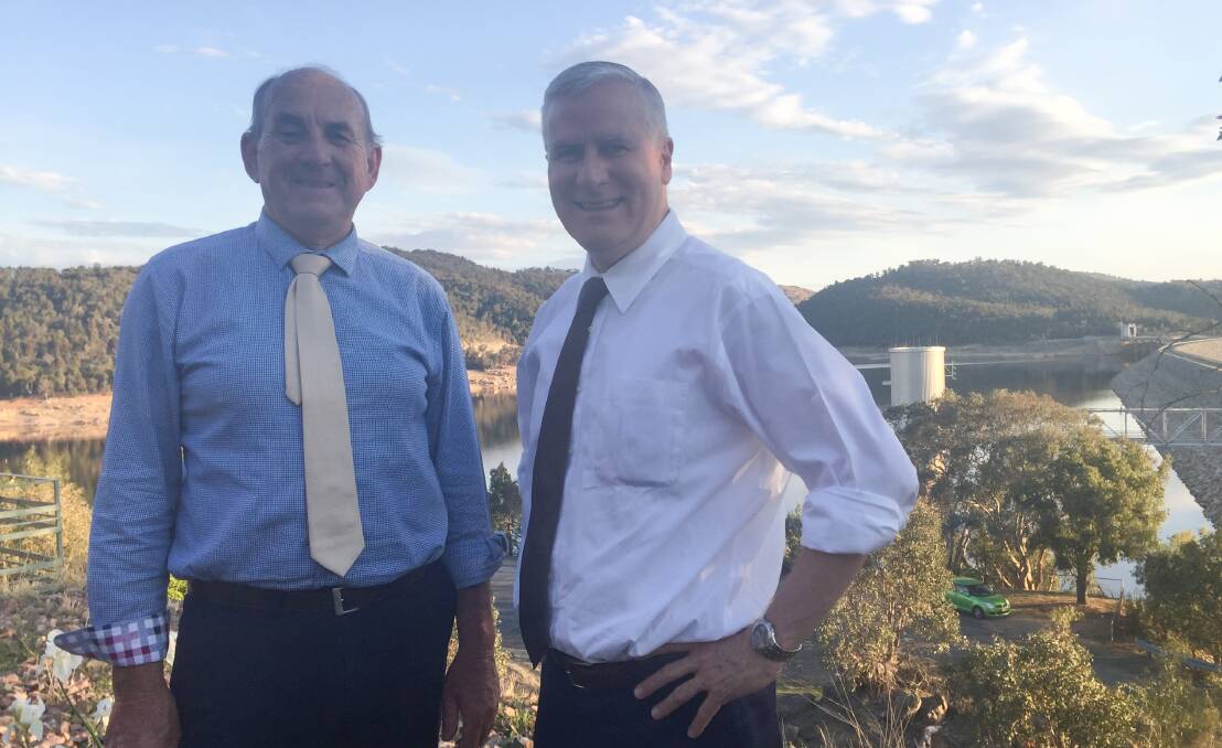 GOING UP: Bill West and Michael McCormack at Wyangala Dam. 