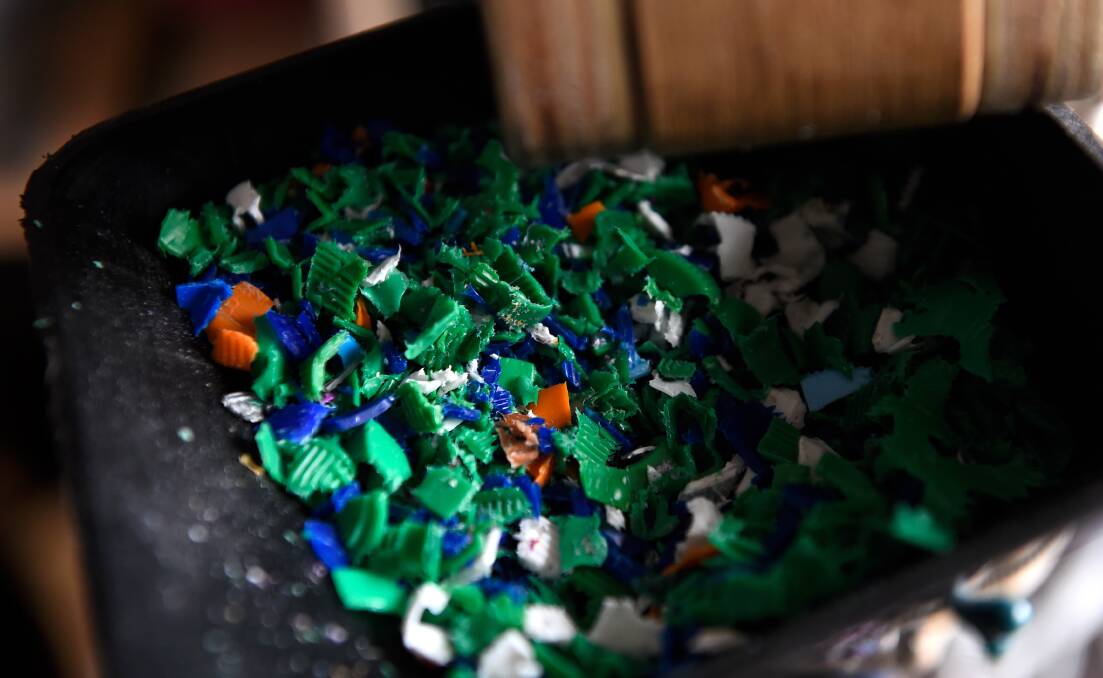 MATERIAL: Almost 600kg of shredded plastic lids have been used to make products in the Slater's Sebastopol garage. Picture: Adam Trafford