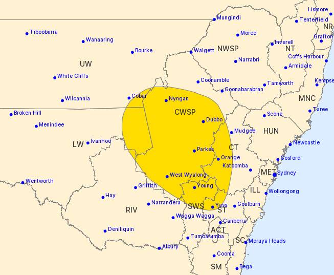 WARNING: The Bureau of Meteorology has issued a storm warning for Central and Western NSW. Image: BOM.