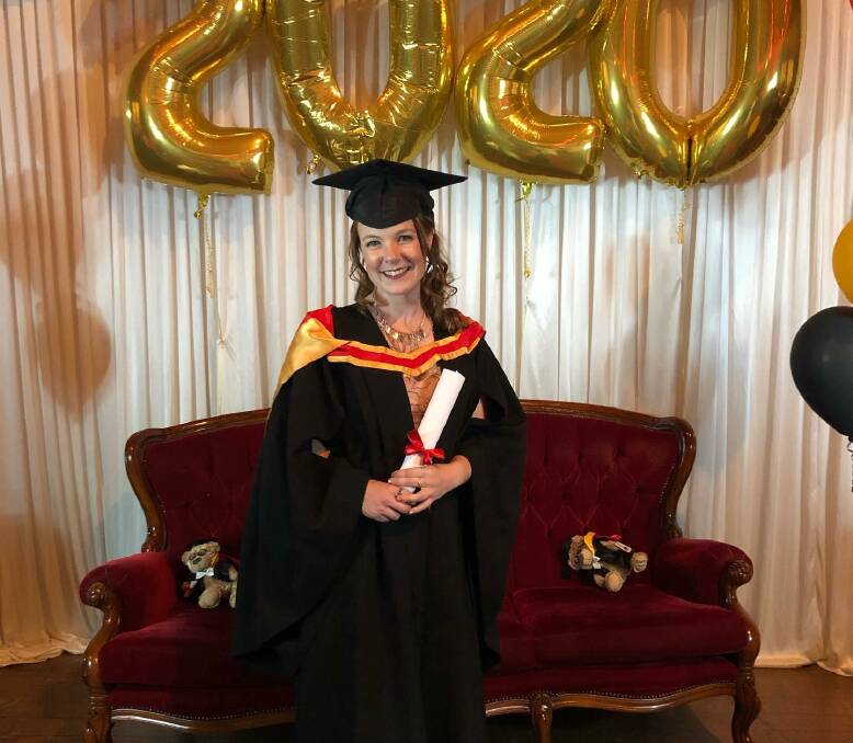 CSU student Bek Lewis celebrates her non-traditional graduation in style. Image: Supplied.