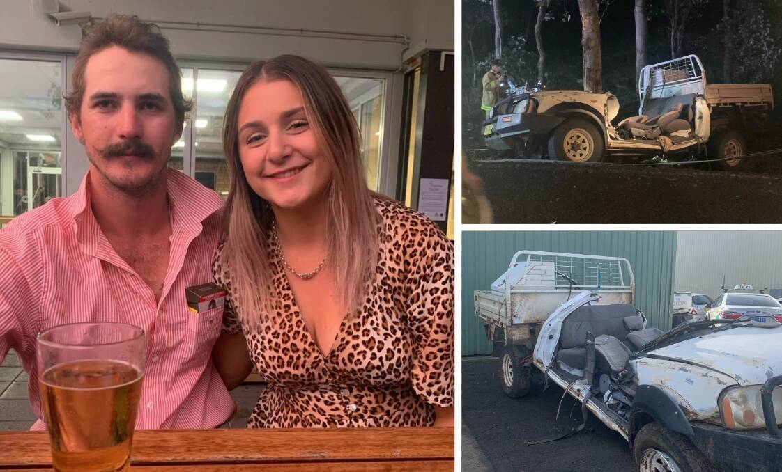 RECOVERY: Zak Lees and girlfriend Zoe Brownett before his accident. RIGHT: The remains of the 22-year-old's ute after the crash which nearly killed him in June. PHOTOS: SUPPLIED
