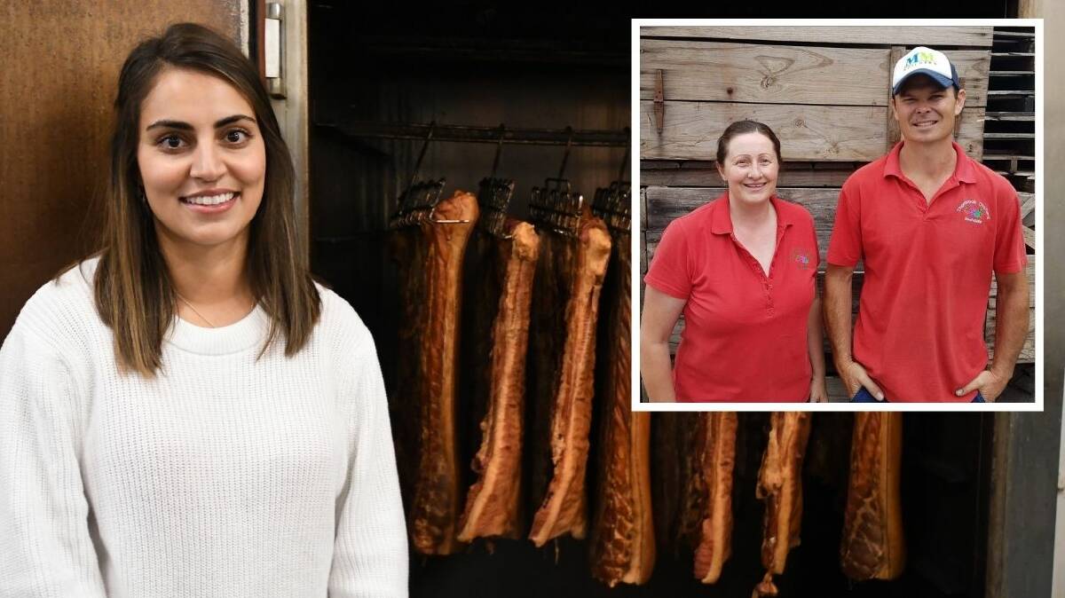 PRODUCERS: Trunkey Bacon and Pork's Bec Woolley (nee D'Souza) and (insert) Thornbrook Orchard's Paula Charnock and Paul Eccleston. PHOTOS: CARLA FREEDMAN / SUPPLIED