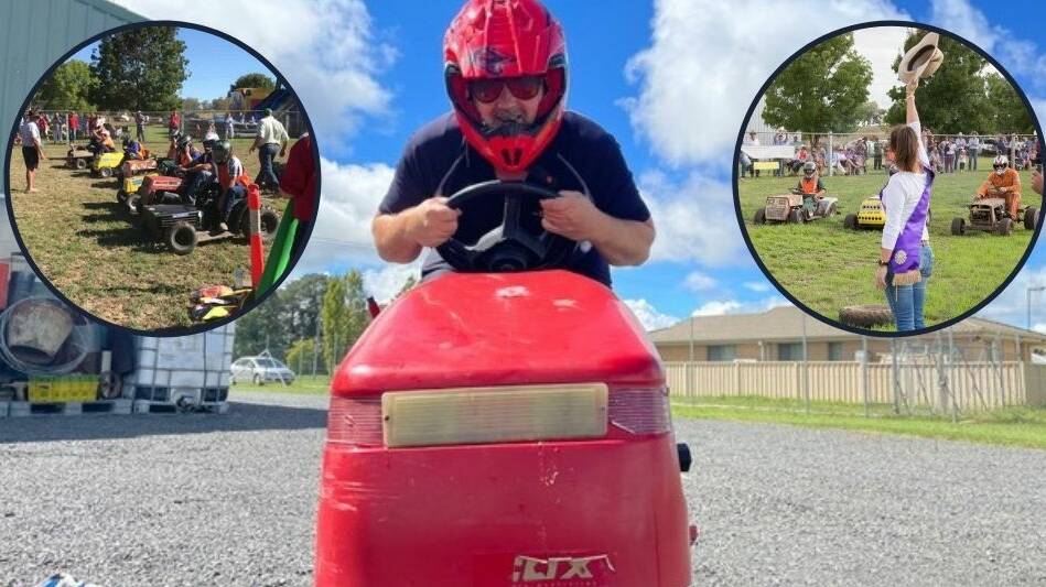 NEED FOR SPEED: Orange Show Society publicity officer Brendon Argyle. (Insert photos) Lawn mower racing at Cumnock Show. PHOTOS: SUPPLIED