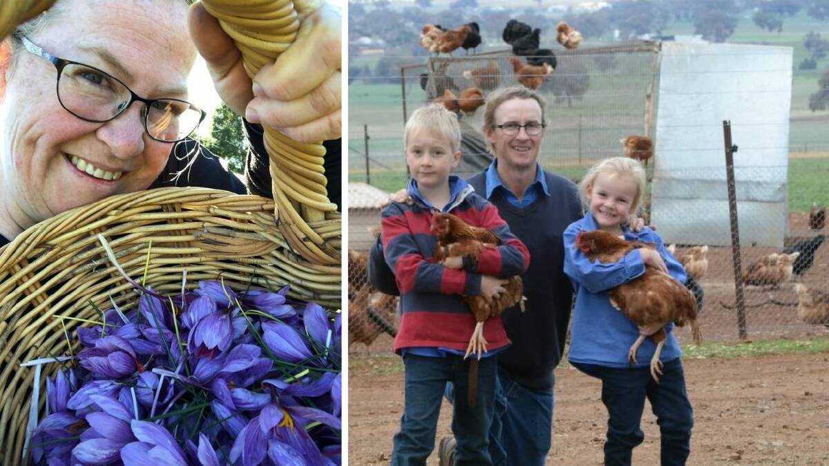 Angela Argyle of Argyle Saffron and (right) Rodger Shannon of Carbeen Pastured Produce with his children Charlie and Willamina. Photos: SUPPLIED/RACHAEL WEBB