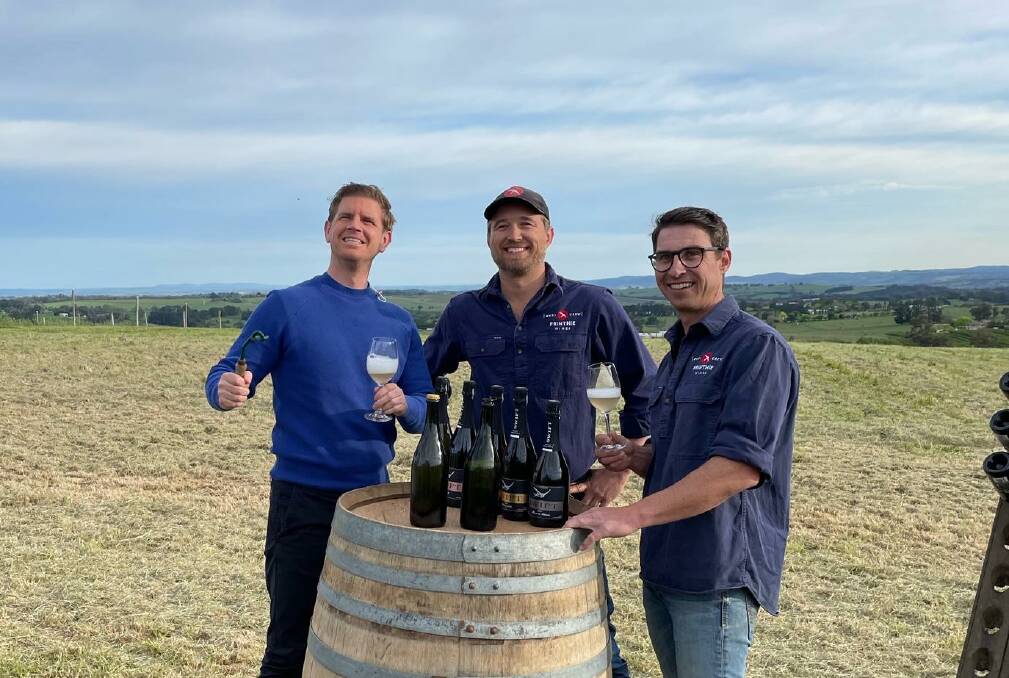 SPECIAL GUEST: Sunrise weatherman Sam Mac with Printhie Wines' Ed and Dave Swift at the premiumum local winery on Thursday morning. PHOTO: SUPPLIED