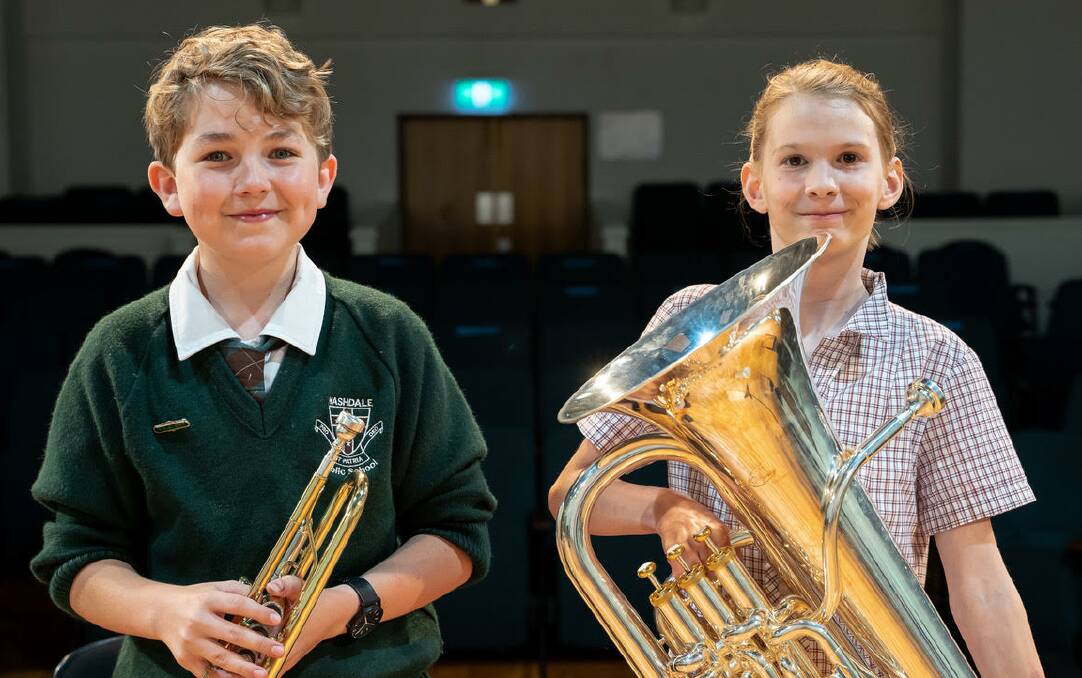 ONES TO WATCH: Bede Hammond,12, won the Junior Brass Scholarship, with Beatrix Merrell, 11, who won an Ensemble Scholarship. PHOTO: JAMES BUCHANAN 