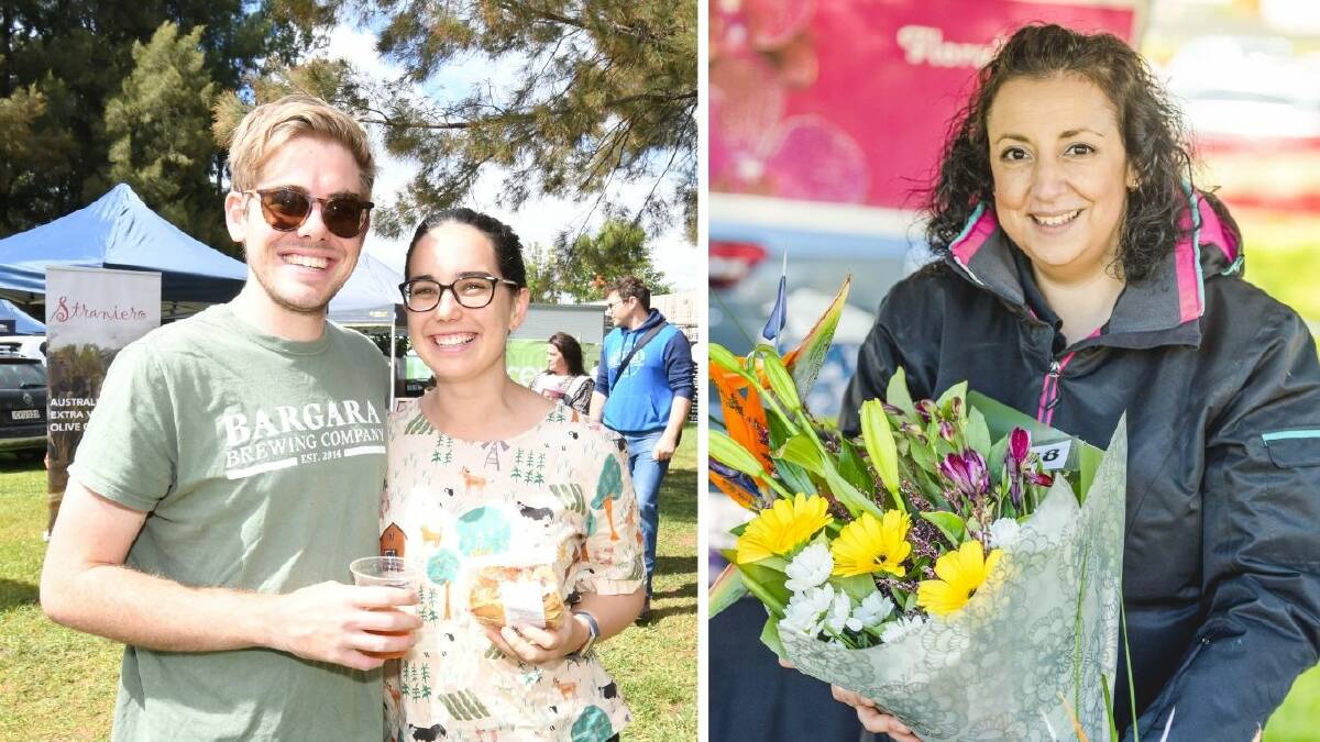 THIS WEEKEND: Scott Bennett and Gen Pfeiffer at last month's markets. Right: Stallholder Concetta Martelli from Floral Touch. PHOTOS: JUDE KEOGH AND SUPPLIED