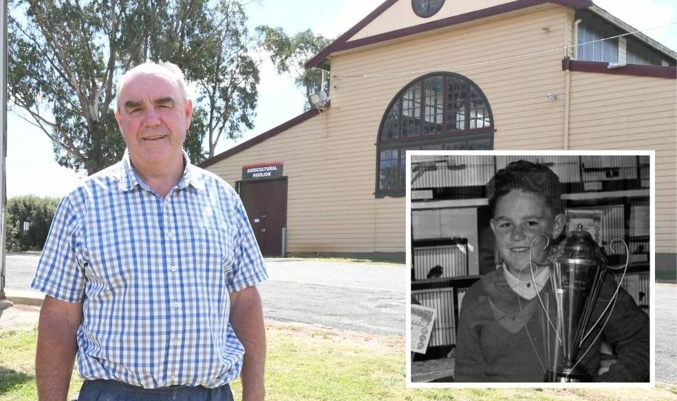 LEGACY: Outgoing president Peter Naylor outside the Agricultural Pavilion. Insert: Peter, aged 12, with his trophy for champion budgie. PHOTOS: JUDE KEOGH/ C/O SUE MILNE