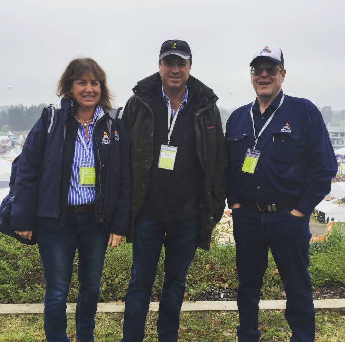 ANFD manager Jayne West, Tim West from “Balmoral”, Orange, and ANFD chairman Dan Toohey visit Fieldays NZ at Mystery Creek, Hamilton.