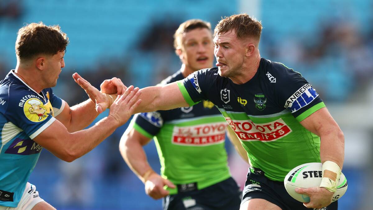 Hudson Young, above, scored a try and set up two. Raiders centre Sebastian Kris scored a brace as well as part of a dominant left edge. Pictures: Getty Images