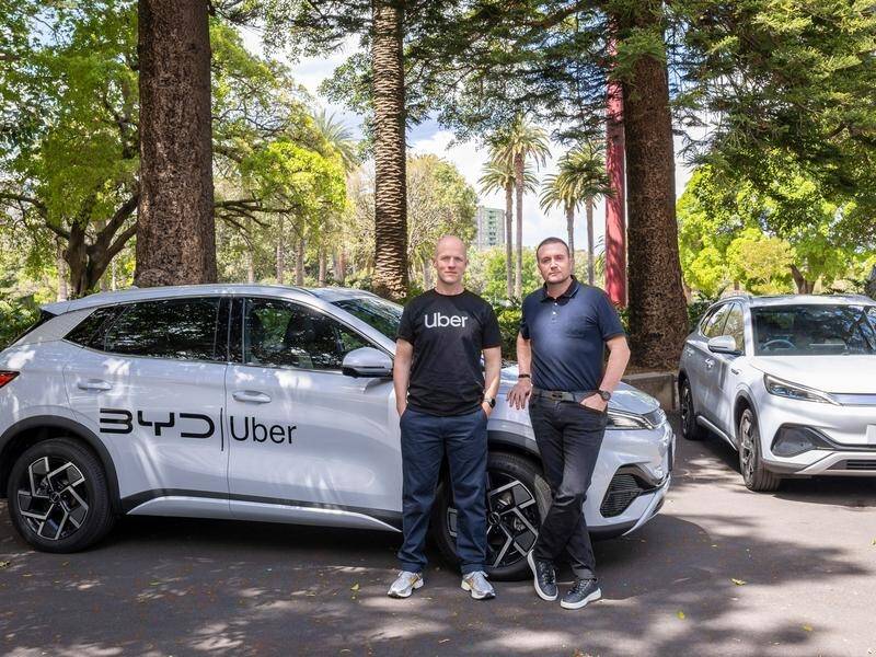 Uber Australia and NZ general manager Dom Taylor and EV Direct chief executive Luke Todd. (HANDOUT/UBER)