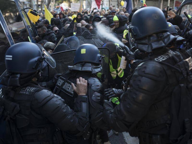Paris police have fired pepper spray at crowds on the anniversary of the 'yellow vest' protests.