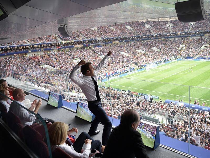 French President Emmanuel Macron reacts to a goal for Les Bleus in the World Cup final.