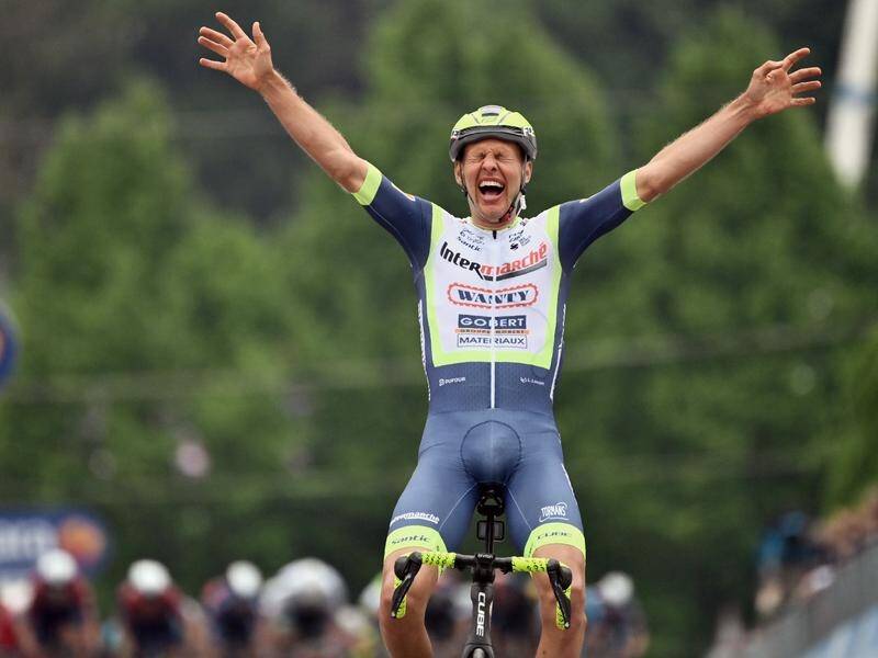 Dutch rider Taco van der Hoorn celebrates winning the third stage of the Giro d'Italia cycling race.