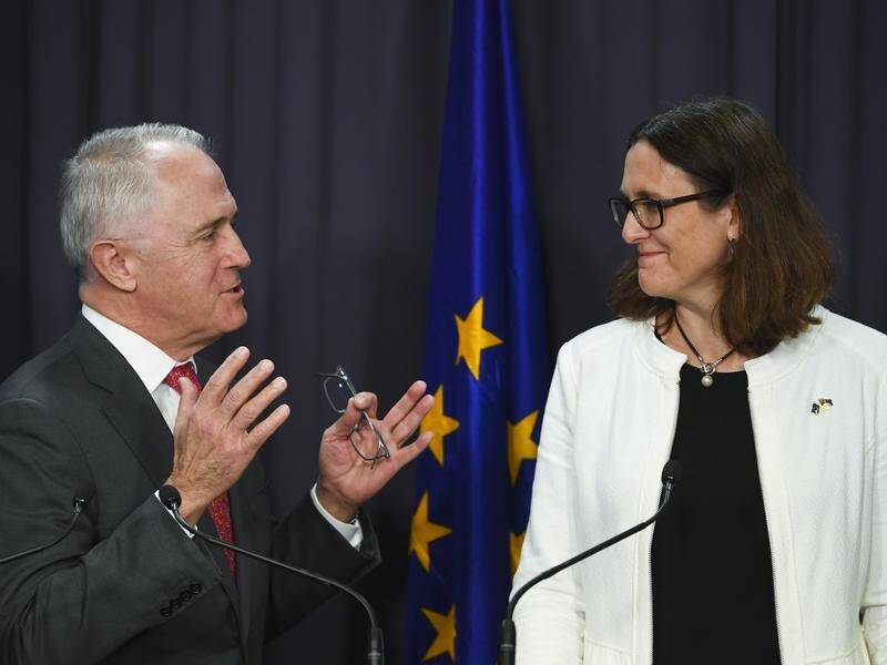 PM Malcolm Turnbull (left) and EU Trade Commissioner Cecilia Malmstrom at Parliament House.