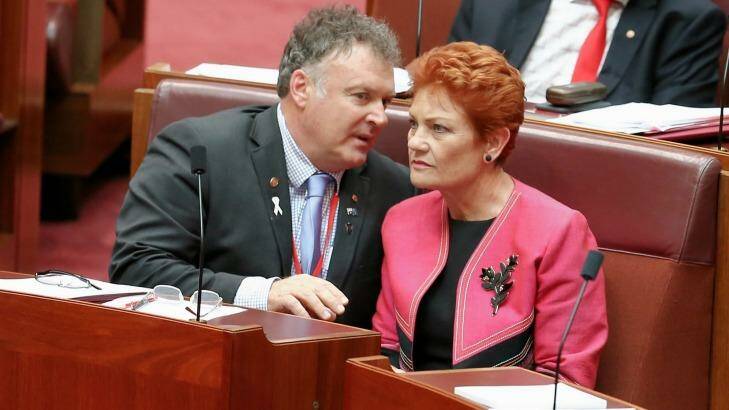One Nation Senators Rod Culleton and Pauline Hanson in parliament in November.  Photo: Alex Ellinghausen